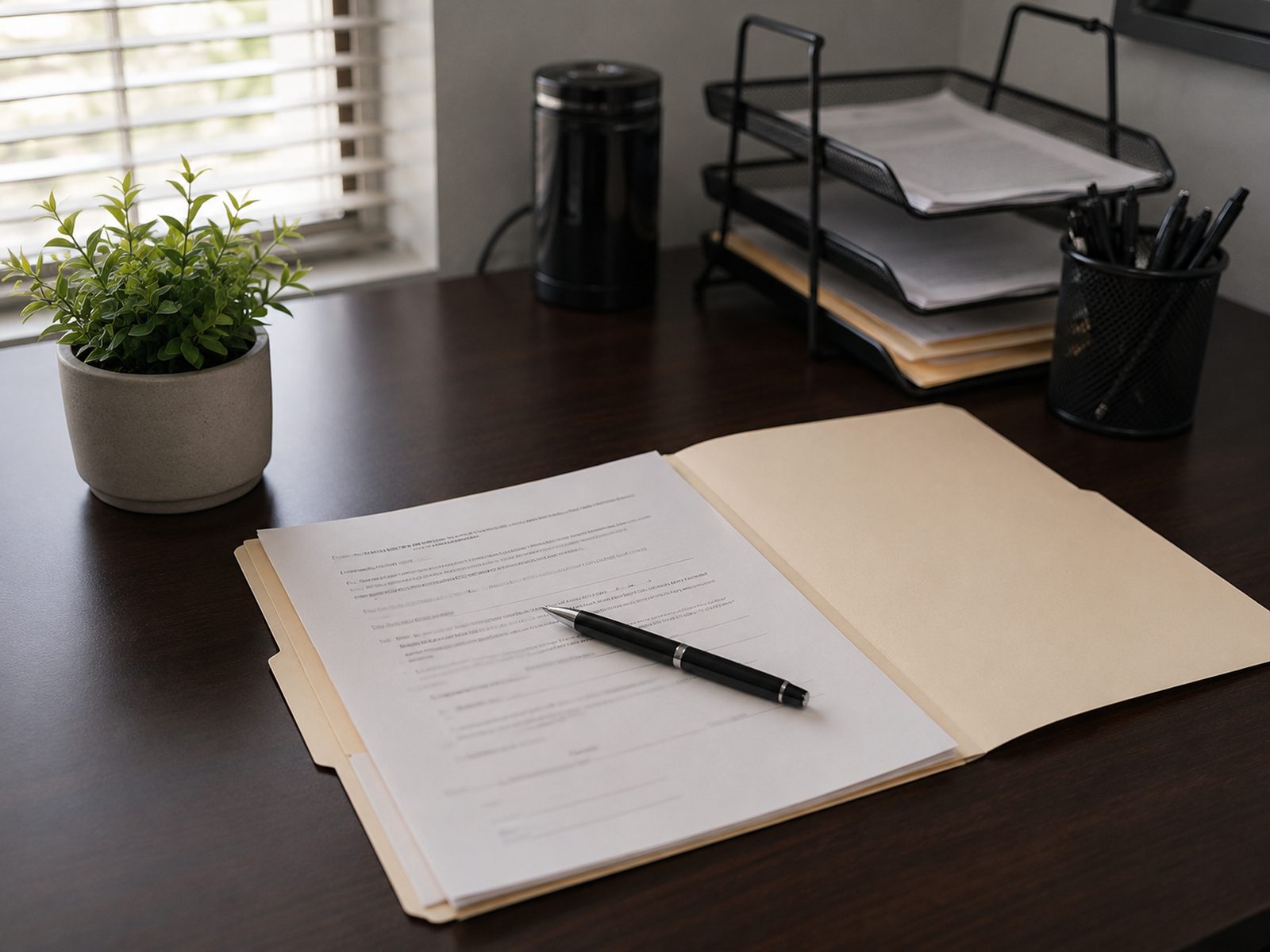 An open case folder with a prepared legal document and pen on a desk